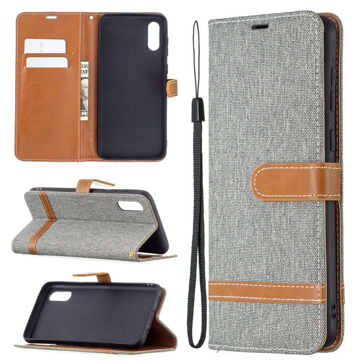 For Samsung Galaxy A02 Color Matching Denim Texture Horizontal Flip Leather Case with Holder & Card Slots & Wallet & Lanyard