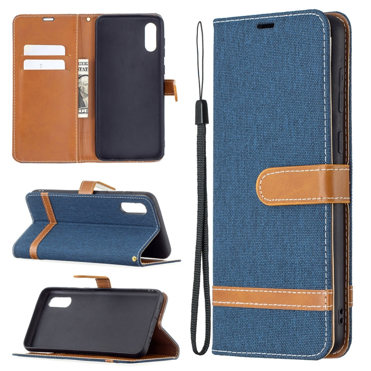 For Samsung Galaxy A02 Color Matching Denim Texture Horizontal Flip Leather Case with Holder & Card Slots & Wallet & Lanyard