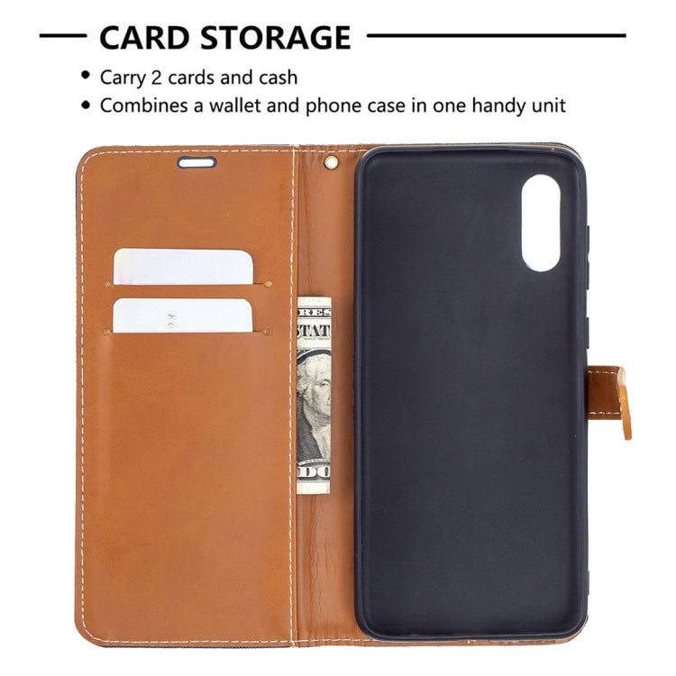 For Samsung Galaxy A02 Color Matching Denim Texture Horizontal Flip Leather Case with Holder & Card Slots & Wallet & Lanyard