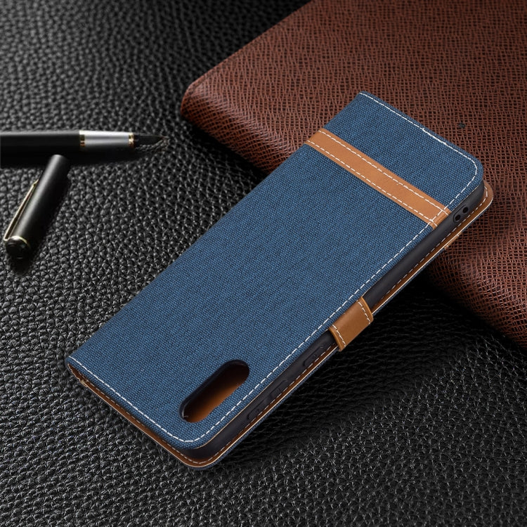 For Samsung Galaxy A02 Color Matching Denim Texture Horizontal Flip Leather Case with Holder & Card Slots & Wallet & Lanyard