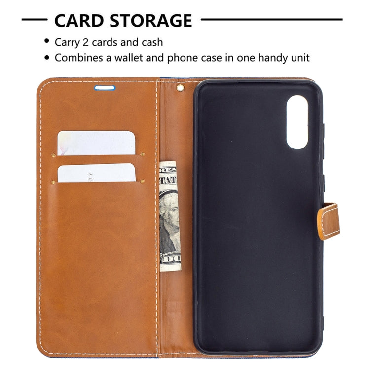 For Samsung Galaxy A02 Color Matching Denim Texture Horizontal Flip Leather Case with Holder & Card Slots & Wallet & Lanyard