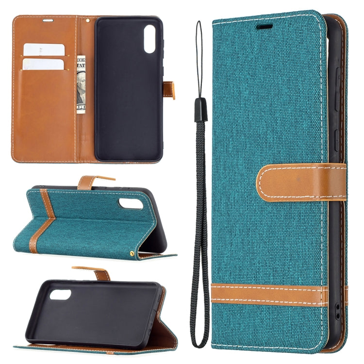 For Samsung Galaxy A02 Color Matching Denim Texture Horizontal Flip Leather Case with Holder & Card Slots & Wallet & Lanyard