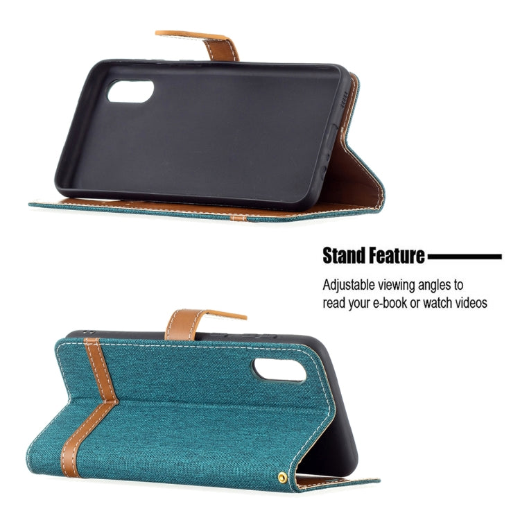For Samsung Galaxy A02 Color Matching Denim Texture Horizontal Flip Leather Case with Holder & Card Slots & Wallet & Lanyard