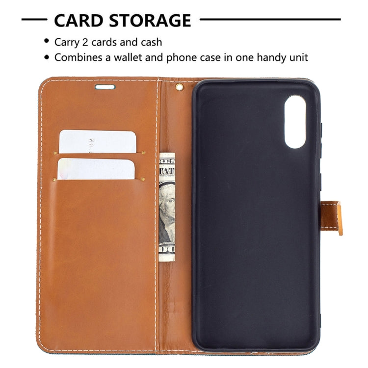 For Samsung Galaxy A02 Color Matching Denim Texture Horizontal Flip Leather Case with Holder & Card Slots & Wallet & Lanyard