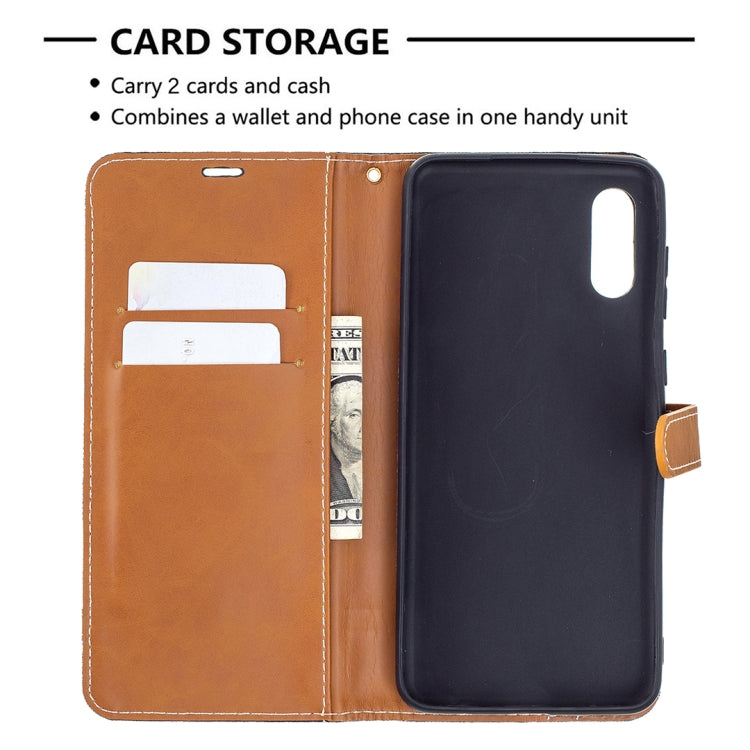 For Samsung Galaxy A02 Color Matching Denim Texture Horizontal Flip Leather Case with Holder & Card Slots & Wallet & Lanyard