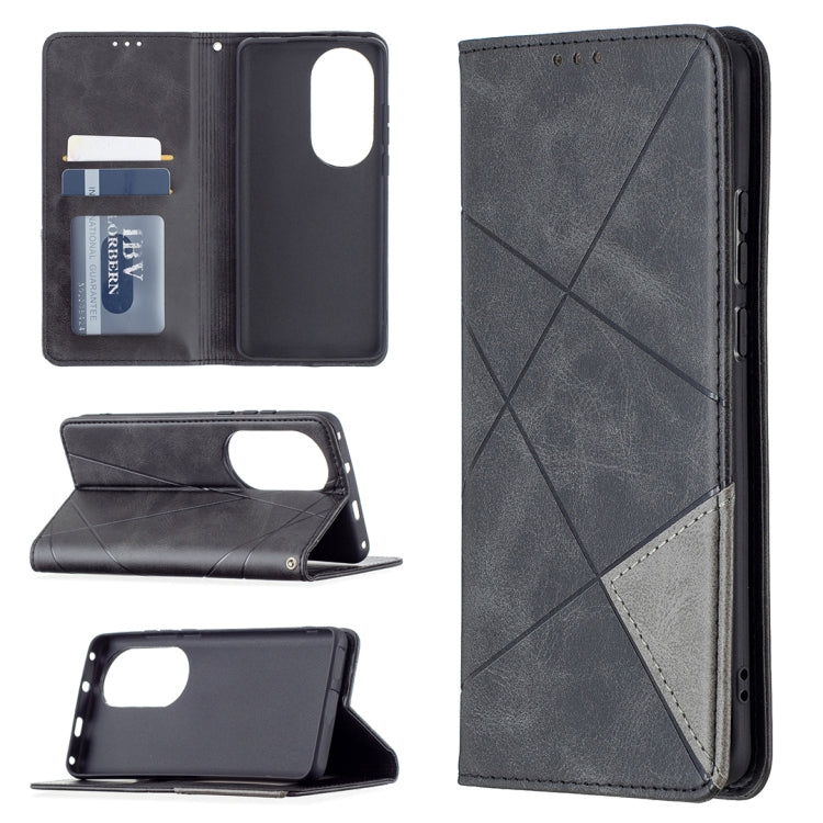 For Huawei P50 Pro Rhombus Texture Horizontal Flip Magnetic Leather Case with Holder & Card Slots