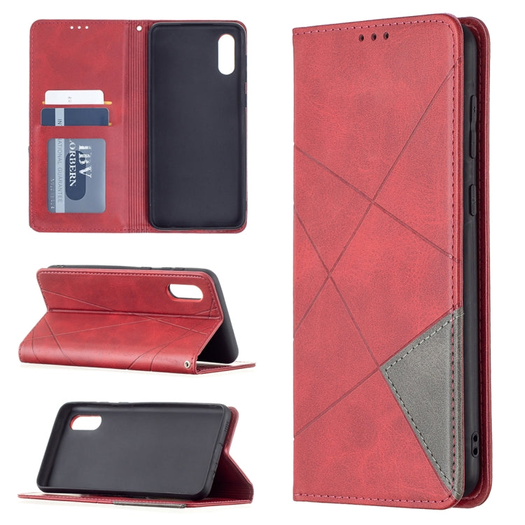 For Samsung Galaxy A02 Rhombus Texture Horizontal Flip Magnetic Leather Case with Holder & Card Slots