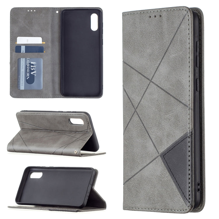 For Samsung Galaxy A02 Rhombus Texture Horizontal Flip Magnetic Leather Case with Holder & Card Slots