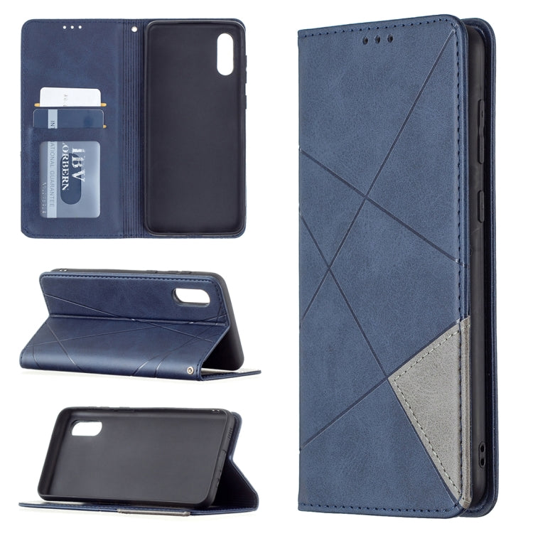For Samsung Galaxy A02 Rhombus Texture Horizontal Flip Magnetic Leather Case with Holder & Card Slots