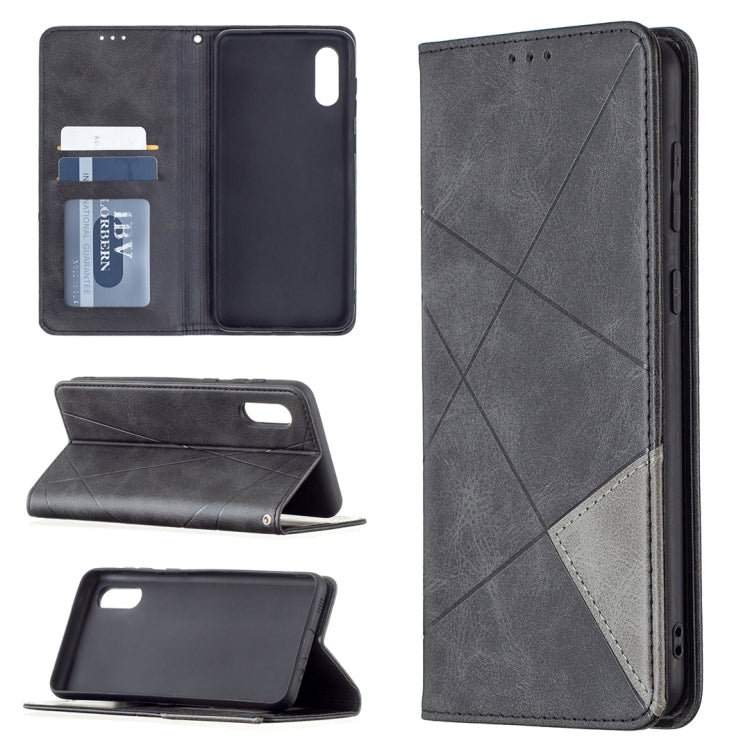 For Samsung Galaxy A02 Rhombus Texture Horizontal Flip Magnetic Leather Case with Holder & Card Slots