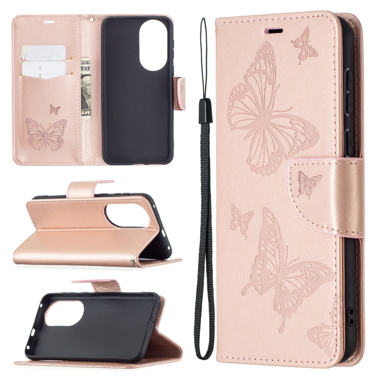 For Huawei P50 Two Butterflies Embossing Pattern Horizontal Flip Leather Case with Holder & Card Slot & Wallet & Lanyard