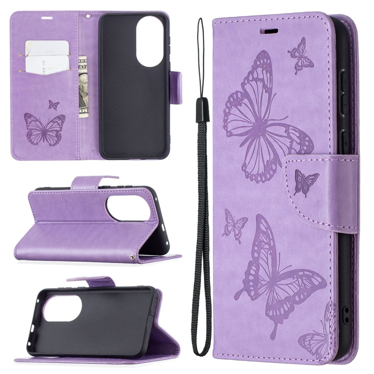 For Huawei P50 Two Butterflies Embossing Pattern Horizontal Flip Leather Case with Holder & Card Slot & Wallet & Lanyard