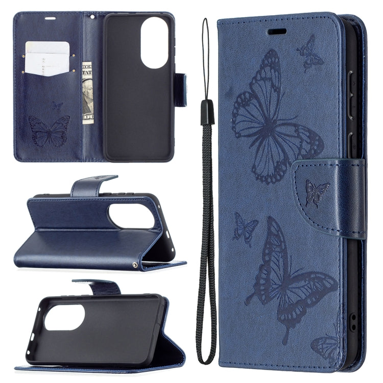 For Huawei P50 Two Butterflies Embossing Pattern Horizontal Flip Leather Case with Holder & Card Slot & Wallet & Lanyard