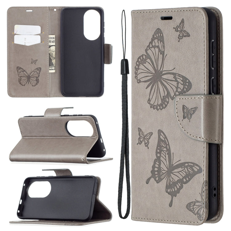 For Huawei P50 Two Butterflies Embossing Pattern Horizontal Flip Leather Case with Holder & Card Slot & Wallet & Lanyard