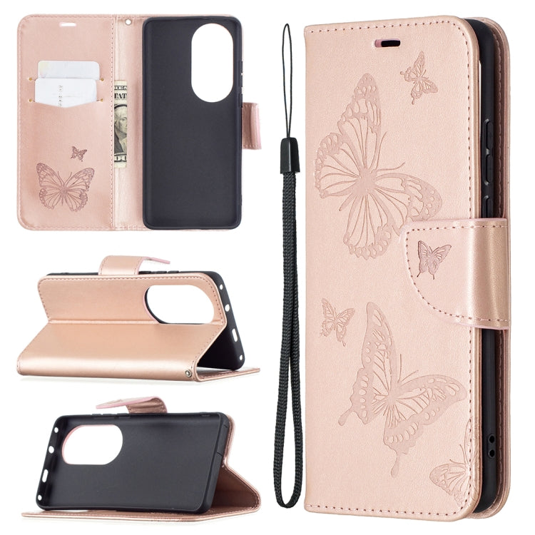 For Huawei P50 Pro Two Butterflies Embossing Pattern Horizontal Flip Leather Case with Holder & Card Slot & Wallet & Lanyard