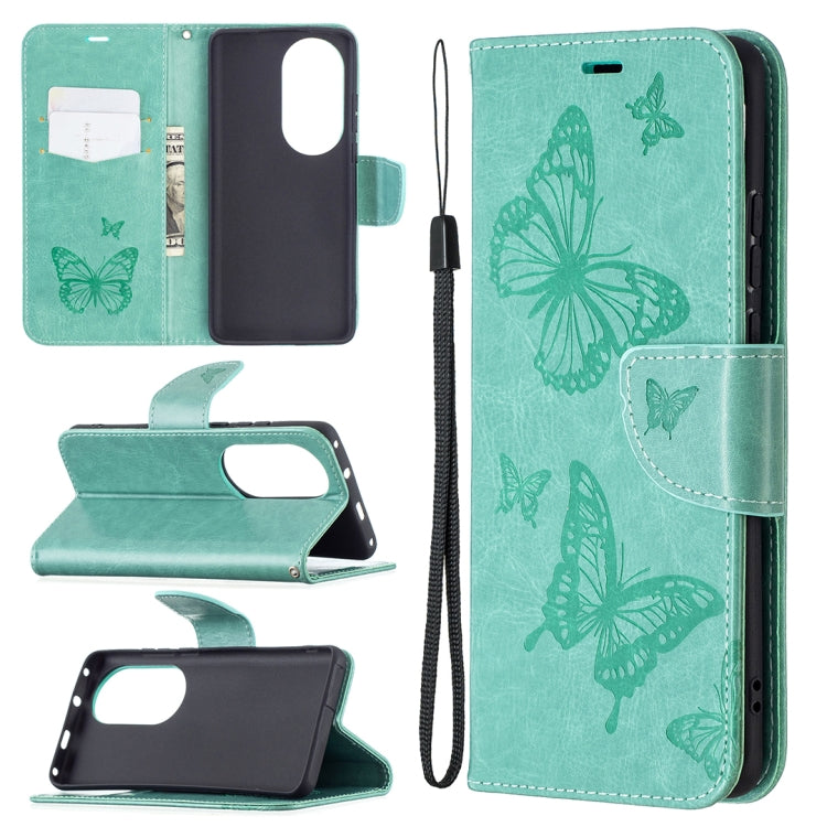 For Huawei P50 Pro Two Butterflies Embossing Pattern Horizontal Flip Leather Case with Holder & Card Slot & Wallet & Lanyard
