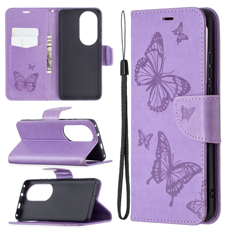 For Huawei P50 Pro Two Butterflies Embossing Pattern Horizontal Flip Leather Case with Holder & Card Slot & Wallet & Lanyard