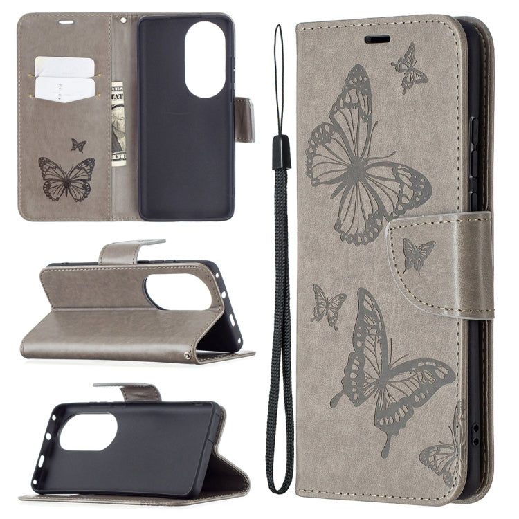 For Huawei P50 Pro Two Butterflies Embossing Pattern Horizontal Flip Leather Case with Holder & Card Slot & Wallet & Lanyard
