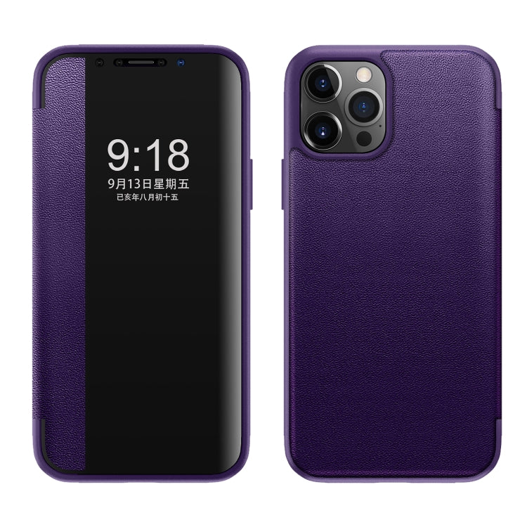 For iPhone 12 / 12 Pro Magnetic Side Window View Shockproof Horizontal Flip Leather Case
