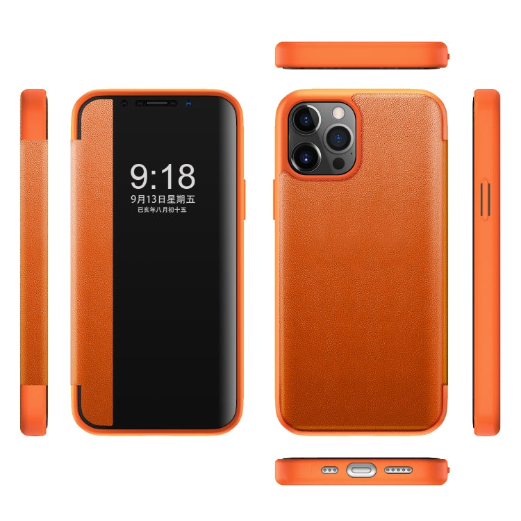 For iPhone 12 / 12 Pro Magnetic Side Window View Shockproof Horizontal Flip Leather Case