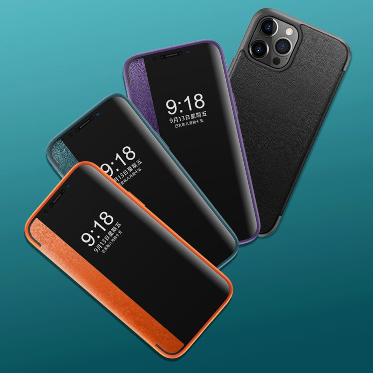 For iPhone 12 / 12 Pro Magnetic Side Window View Shockproof Horizontal Flip Leather Case