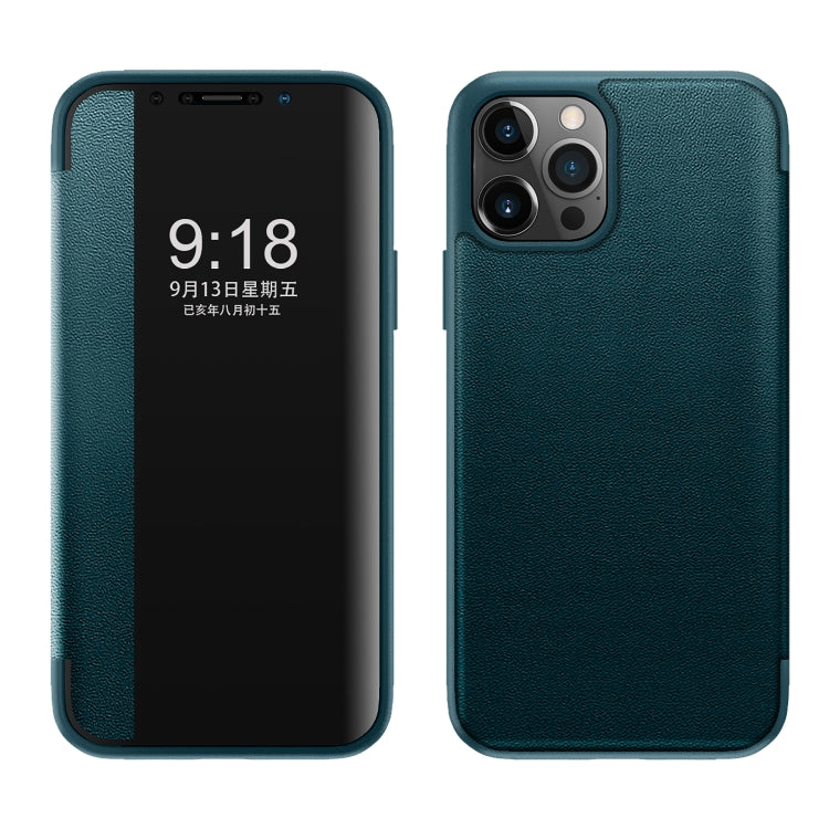 For iPhone 12 / 12 Pro Magnetic Side Window View Shockproof Horizontal Flip Leather Case