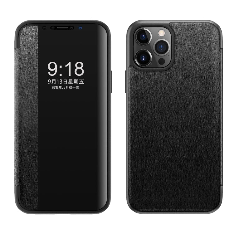 For iPhone 12 Pro Max Magnetic Side Window View Shockproof Horizontal Flip Leather Case