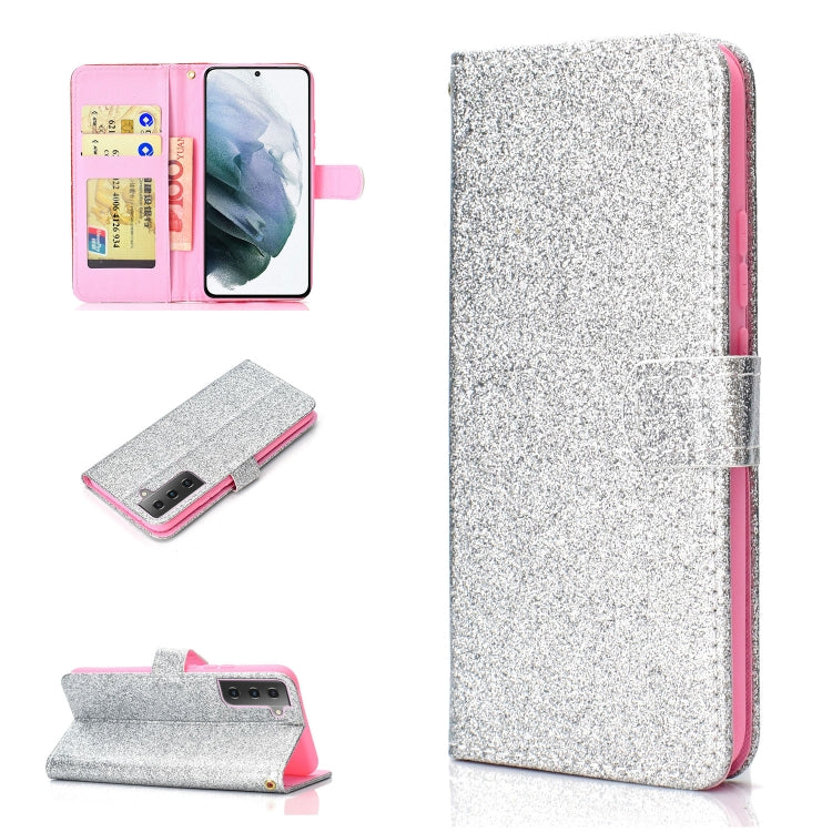 For Samsung Galaxy S21 5G Glitter Powder Horizontal Flip Leather Case with Card Slots & Holder & Photo Frame & Wallet