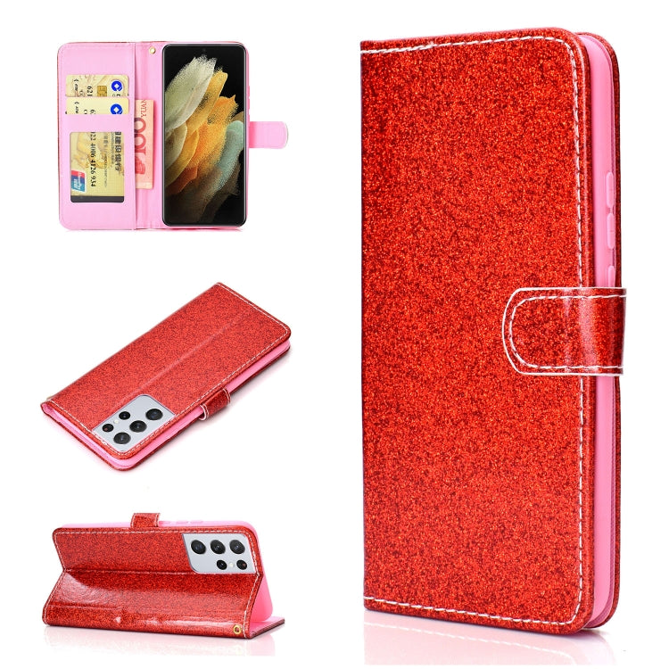 For Samsung Galaxy S21 Ultra 5G Glitter Powder Horizontal Flip Leather Case with Card Slots & Holder & Photo Frame & Wallet