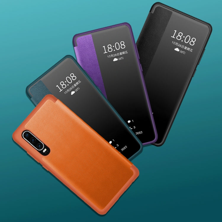 For Huawei P30 Magnetic Side Window View Shockproof Horizontal Flip Leather Smart Case