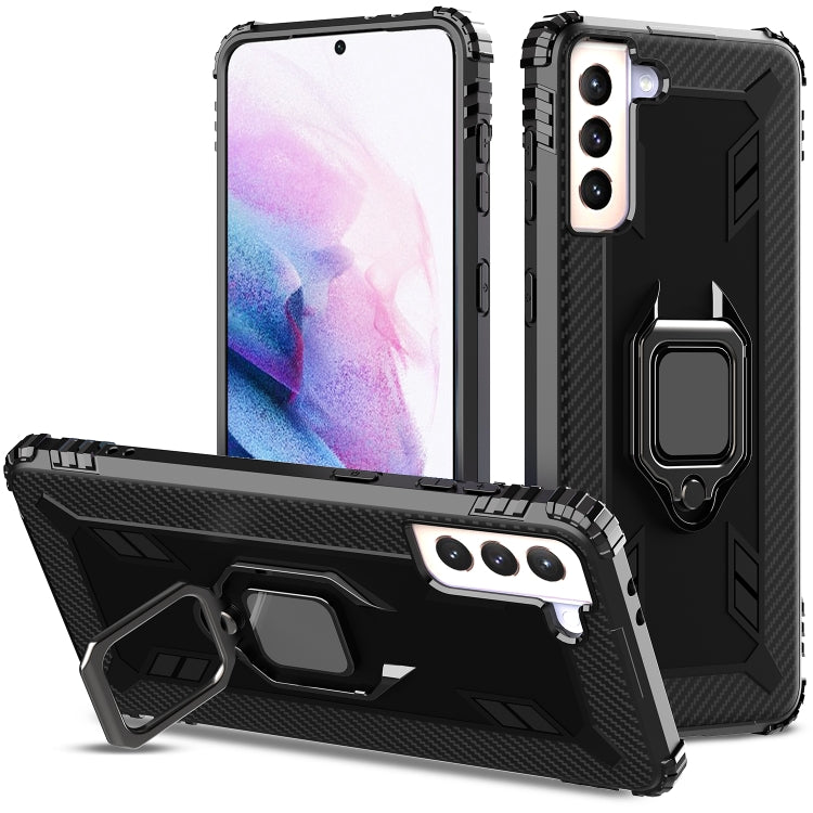 For Samsung Galaxy S21 5G Carbon Fiber Protective Case with 360 Degree Rotating Ring Holder