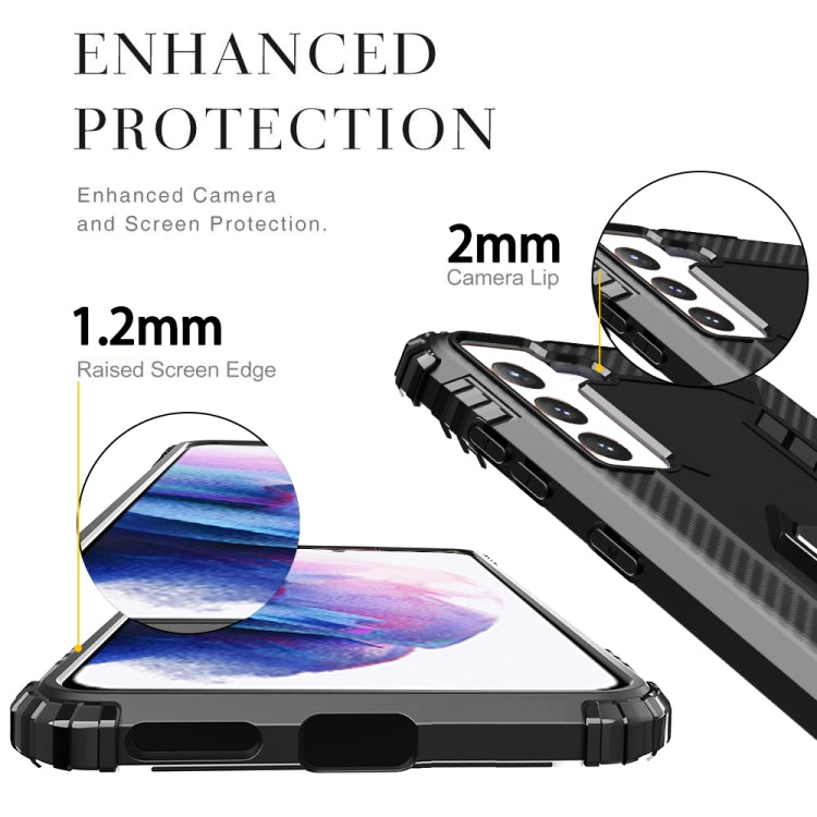 For Samsung Galaxy S21 5G Carbon Fiber Protective Case with 360 Degree Rotating Ring Holder