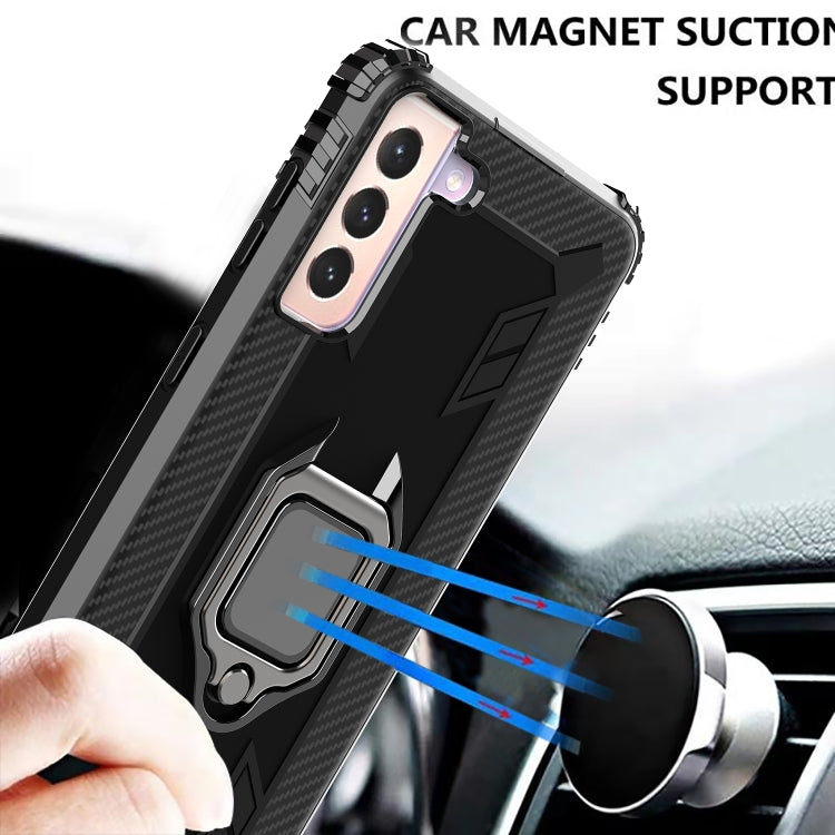 For Samsung Galaxy S21 5G Carbon Fiber Protective Case with 360 Degree Rotating Ring Holder