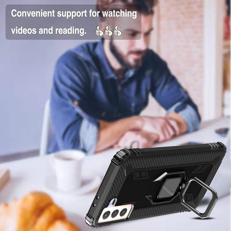 For Samsung Galaxy S21 5G Carbon Fiber Protective Case with 360 Degree Rotating Ring Holder