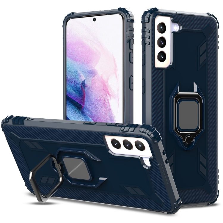 For Samsung Galaxy S21 5G Carbon Fiber Protective Case with 360 Degree Rotating Ring Holder