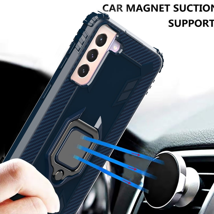For Samsung Galaxy S21 5G Carbon Fiber Protective Case with 360 Degree Rotating Ring Holder