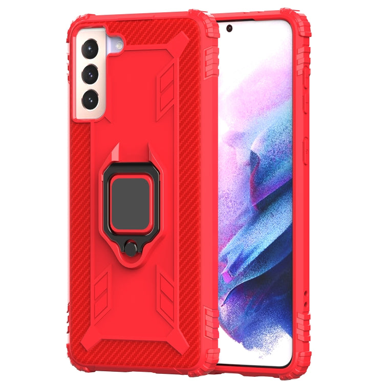 For Samsung Galaxy S21 5G Carbon Fiber Protective Case with 360 Degree Rotating Ring Holder