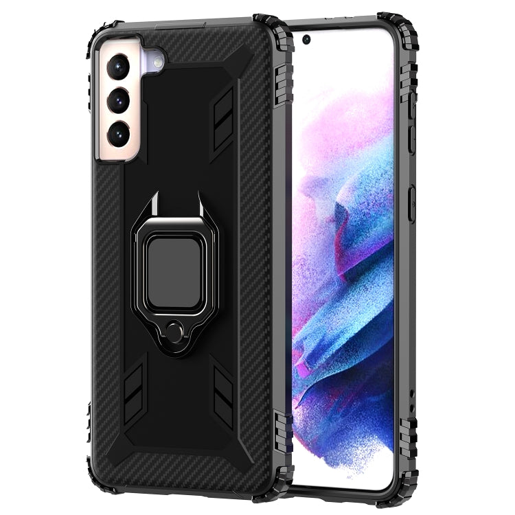 For Samsung Galaxy S21+ 5G Carbon Fiber Protective Case with 360 Degree Rotating Ring Holder