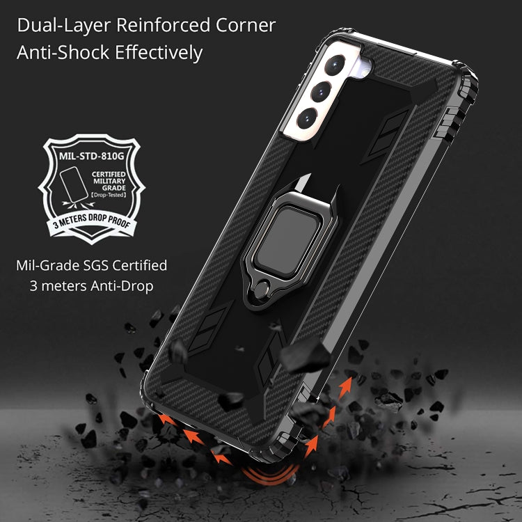 For Samsung Galaxy S21+ 5G Carbon Fiber Protective Case with 360 Degree Rotating Ring Holder