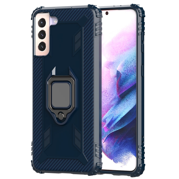 For Samsung Galaxy S21+ 5G Carbon Fiber Protective Case with 360 Degree Rotating Ring Holder