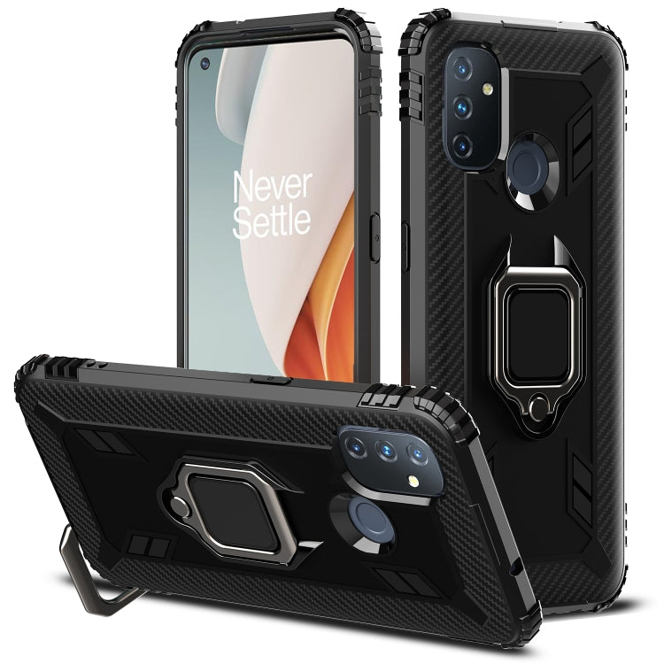 For OnePlus Nord N100 Carbon Fiber Protective Case with 360 Degree Rotating Ring Holder