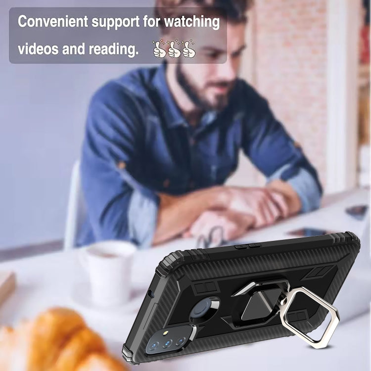 For OnePlus Nord N100 Carbon Fiber Protective Case with 360 Degree Rotating Ring Holder