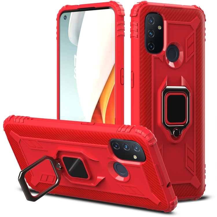 For OnePlus Nord N100 Carbon Fiber Protective Case with 360 Degree Rotating Ring Holder