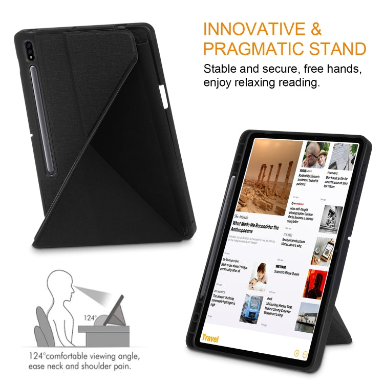 For Samsung Galaxy Tab S7 FE T730 / T735 / Tab S7+ / T970 / T975 Cloth Texture Multi-folding Leather Tablet Case with Holder & Sleep / Wake-up