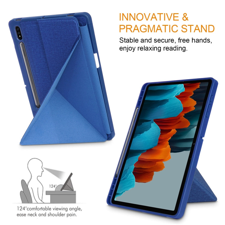 For Samsung Galaxy Tab S7 FE T730 / T735 / Tab S7+ / T970 / T975 Cloth Texture Multi-folding Leather Tablet Case with Holder & Sleep / Wake-up