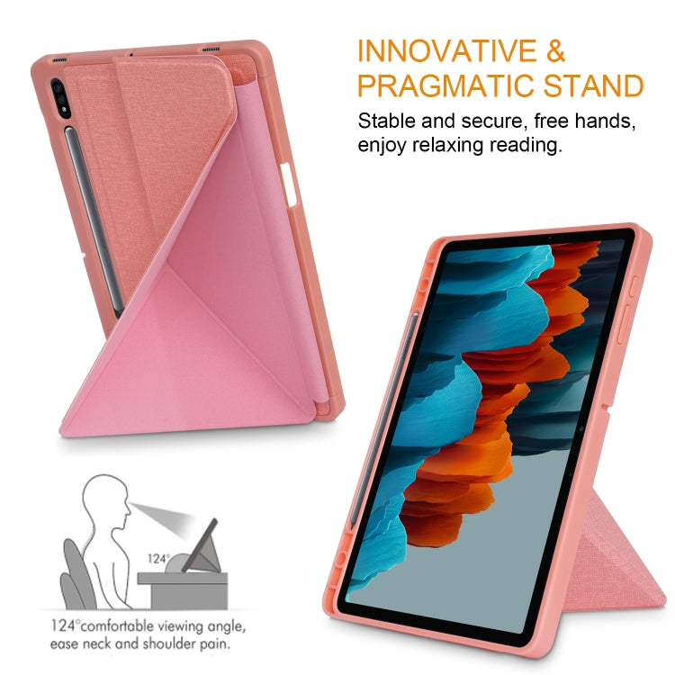 For Samsung Galaxy Tab S7 FE T730 / T735 / Tab S7+ / T970 / T975 Cloth Texture Multi-folding Leather Tablet Case with Holder & Sleep / Wake-up