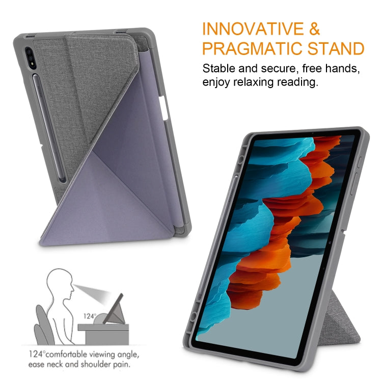 For Samsung Galaxy Tab S7 FE T730 / T735 / Tab S7+ / T970 / T975 Cloth Texture Multi-folding Leather Tablet Case with Holder & Sleep / Wake-up