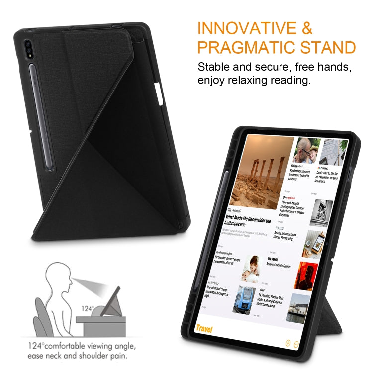 For Samsung Galaxy Tab S8 / Galaxy Tab S7 T870 Cloth Texture Multi-folding Horizontal Flip PU Leather Shockproof Case with Holder & Sleep / Wake-up Function