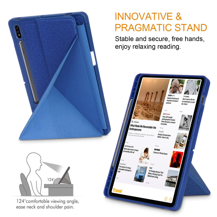 For Samsung Galaxy Tab S8 / Galaxy Tab S7 T870 Cloth Texture Multi-folding Horizontal Flip PU Leather Shockproof Case with Holder & Sleep / Wake-up Function