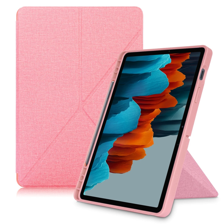 For Samsung Galaxy Tab S8 / Galaxy Tab S7 T870 Cloth Texture Multi-folding Horizontal Flip PU Leather Shockproof Case with Holder & Sleep / Wake-up Function